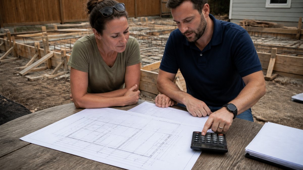 A structural engineer and a homeowner reviewing foundation drawings and a calculator on a table at a residential construction site, with footing forms visible in the background