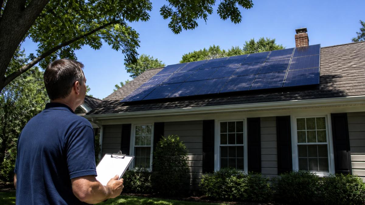 Homeowner inspecting a rooftop solar array shaded by tree branches, impacting solar panel efficiency.