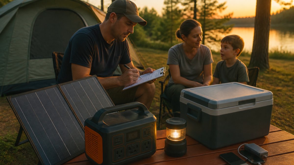 A family at a campsite at golden hour with a portable power station and folding solar panel, one parent holding a clipboard listing a camping fridge, lantern, and phones