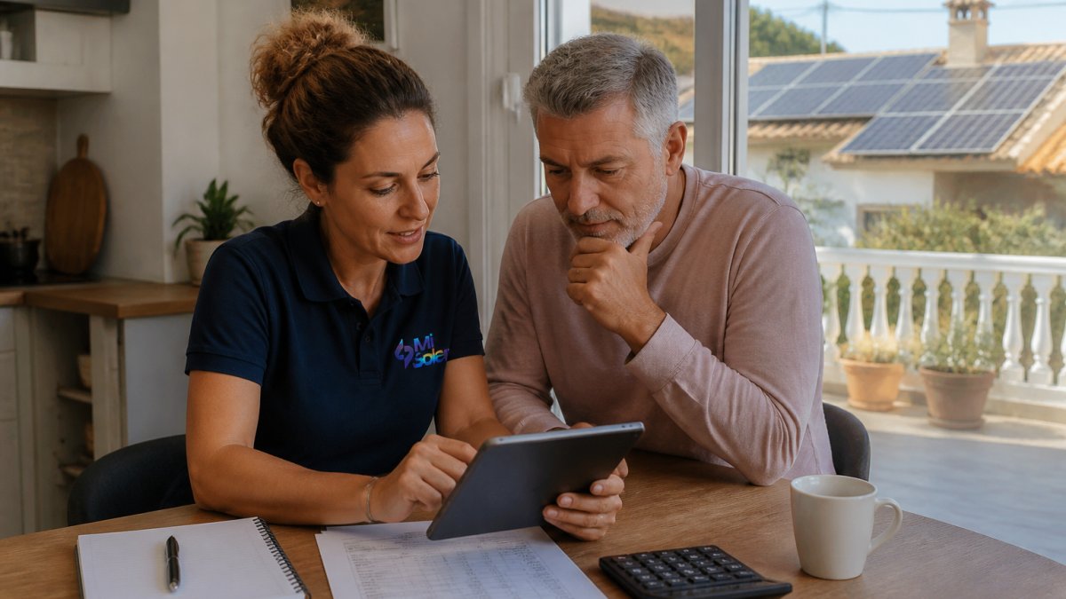 A homeowner and a solar consultant reviewing a cost breakdown on a tablet at a kitchen table, with a villa terrace and solar panels visible through the window