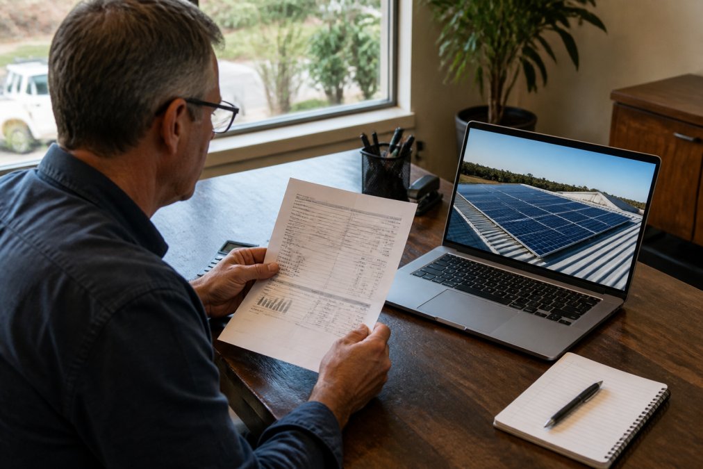A business owner in a regional Australian office reviewing a paper electricity bill beside a laptop showing a solar system proposal, natural light through a window