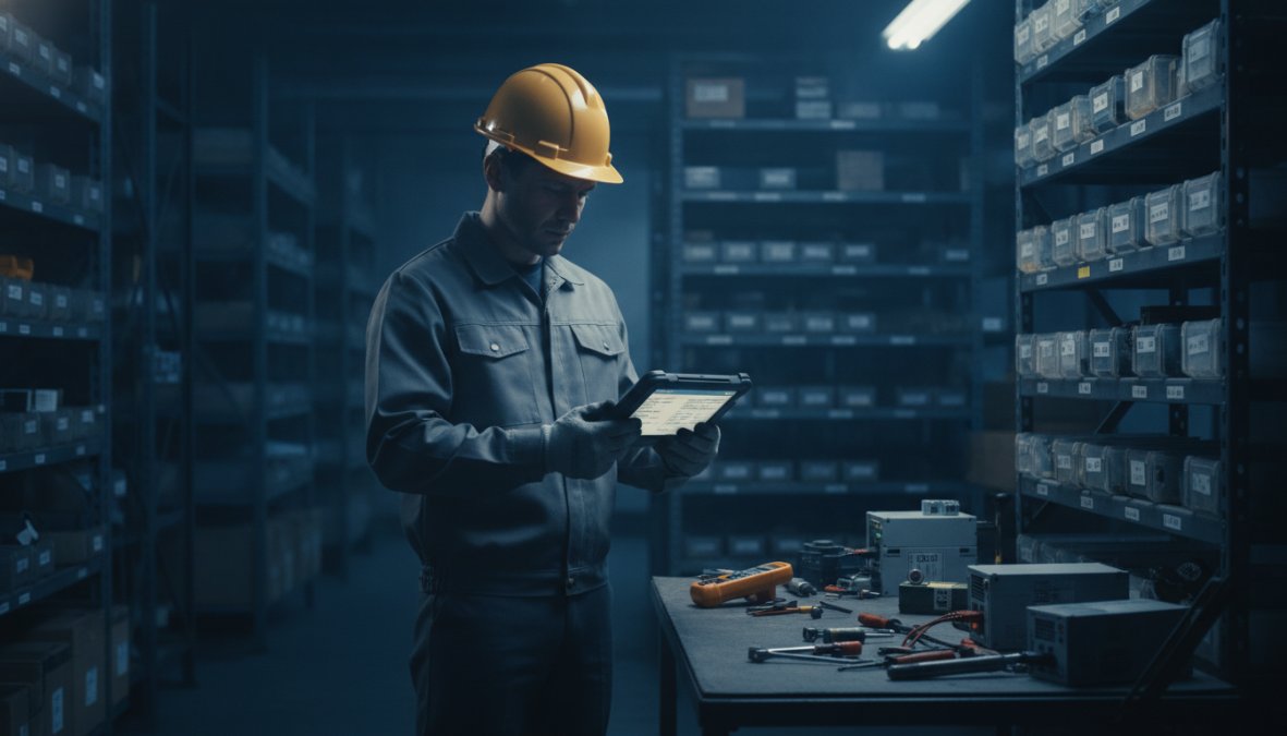 Maintenance technician reviewing spare parts inventory records and safety stock calculations on a tablet in an organized industrial warehouse with metal shelving and labeled spare parts bins