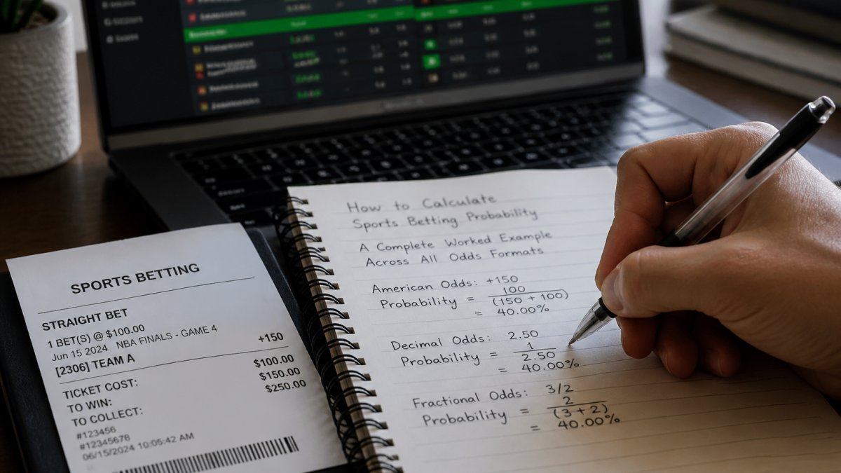 Handwritten notes and betting slip used to calculate sports betting probability across various odds formats