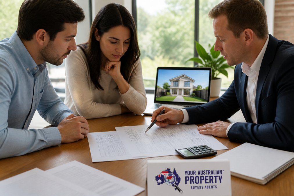 A young couple reviewing financial documents with a property consultant at a table, a laptop showing a property listing beside them, natural window light