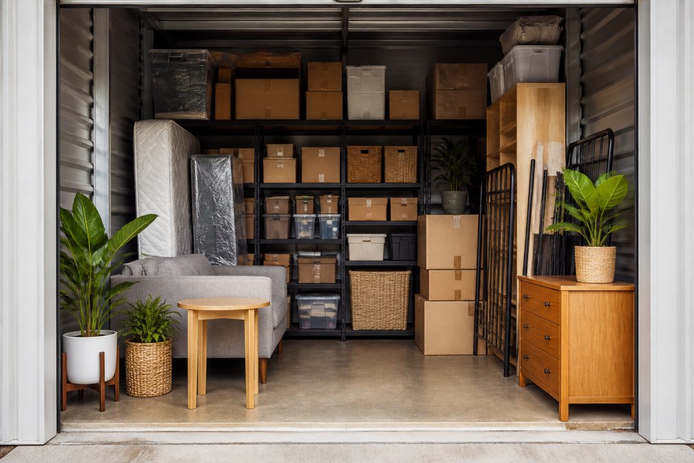 Interior view of a well-organised storage unit with furniture stacked vertically, boxes arranged neatly on shelves, and clear pathways for access