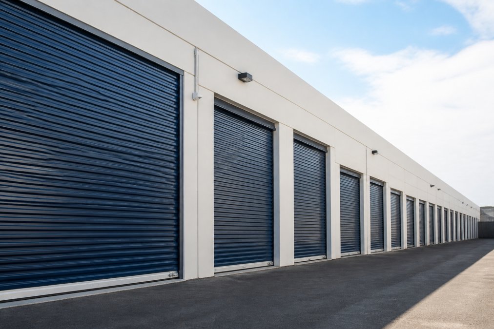 Wide-angle view of multiple storage unit doors of different sizes in a clean, modern storage facility with bright lighting and security features visible