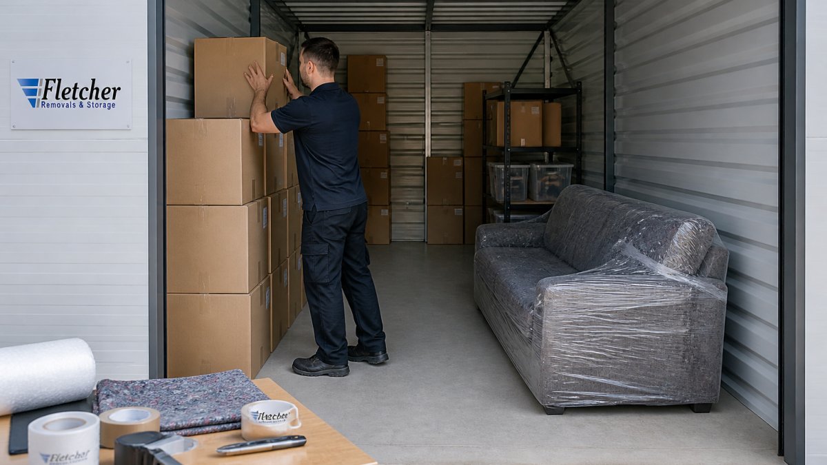 A person in casual work clothes stacking labelled cardboard boxes and a wrapped sofa inside a clean, well-lit storage unit, with a clear walkway down the middle and heavier items on the floor