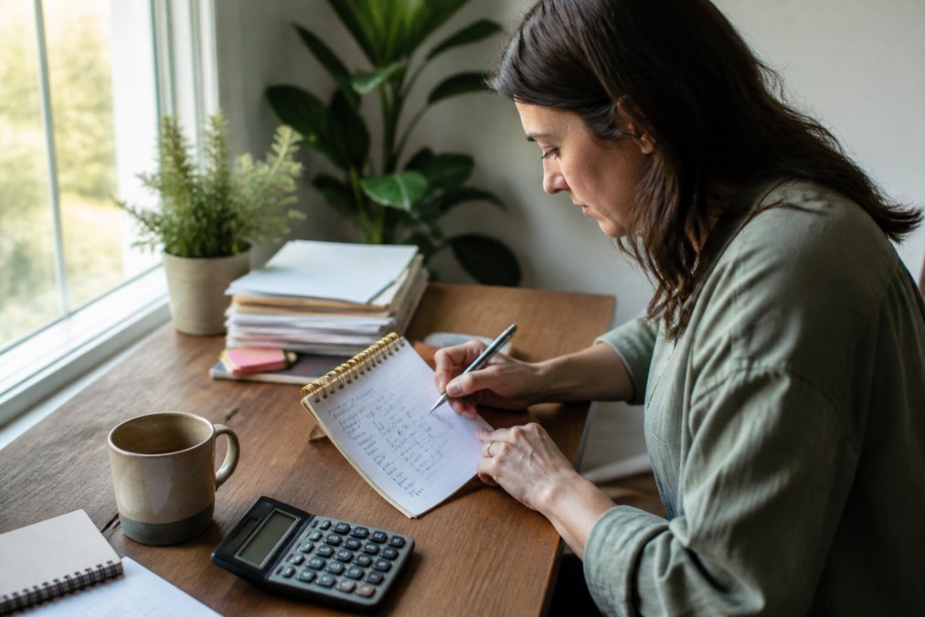 Freelancer sitting at a home desk with a laptop open, a notepad with handwritten calculations, and a coffee cup nearby, looking focused and organized in warm natural light