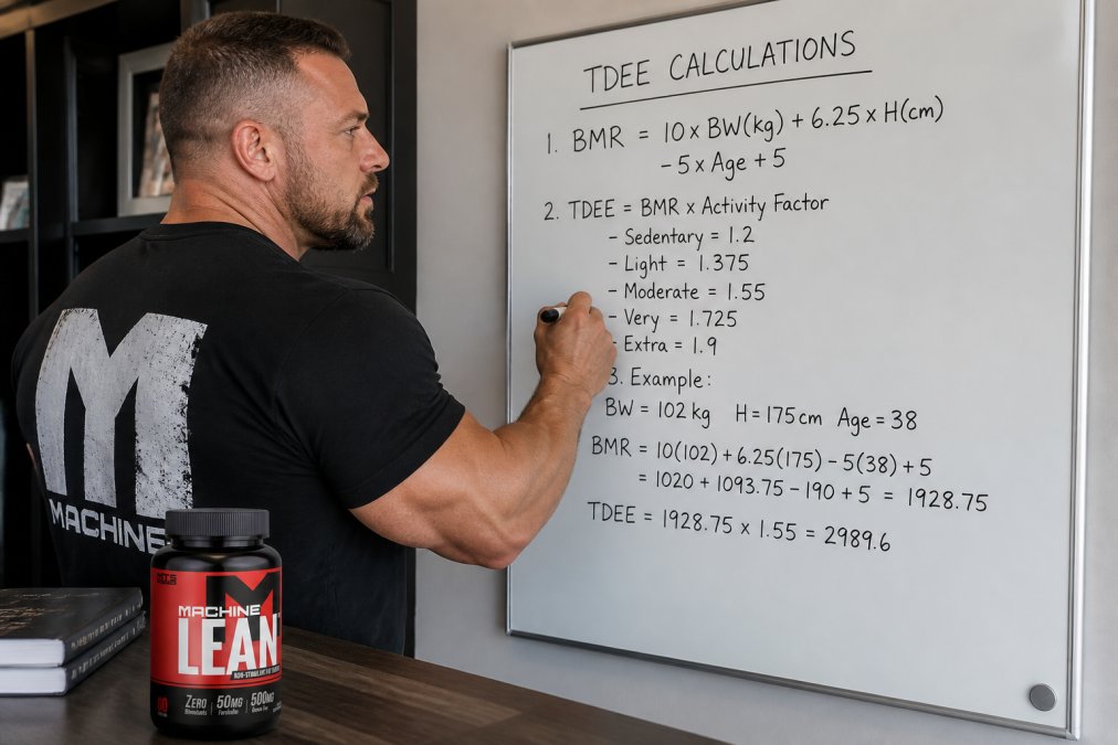 Fit athlete writing TDEE calculations on a whiteboard with a pen, showing mathematical formulas and numbers in a bright, well-lit home office setting