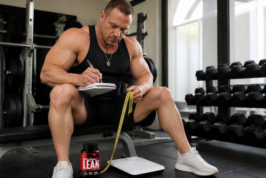 Bodybuilder tracking progress with a scale, notebook, and measuring tape in a bright home gym setting with dumbbells and training equipment visible