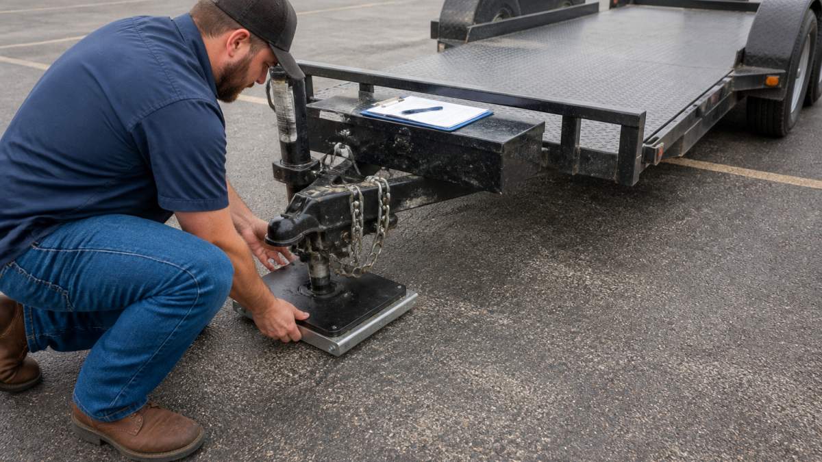 A person kneeling beside a rental car hauler trailer, positioning a tongue weight scale under the coupler on a paved rental lot, clipboard and pen on the fender, overcast daylight