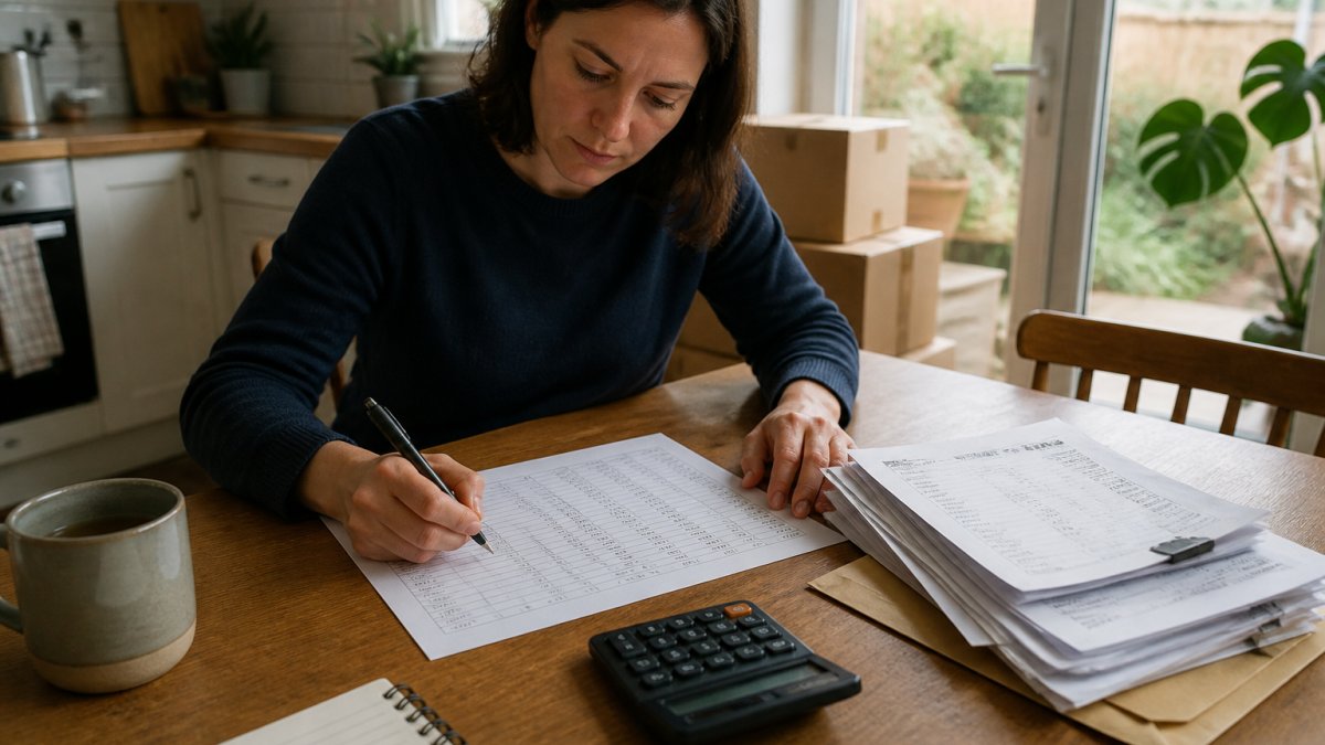 A person at a kitchen table with a laptop, a printed spreadsheet and a pile of removal quotes, writing figures into a budget column with a pen