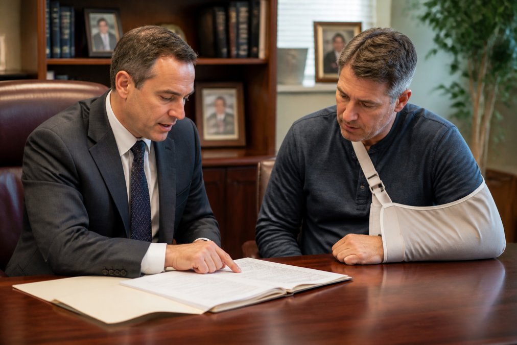Professional attorney and injured client reviewing settlement documents together at a desk in a modern law office, with trust and clear communication evident