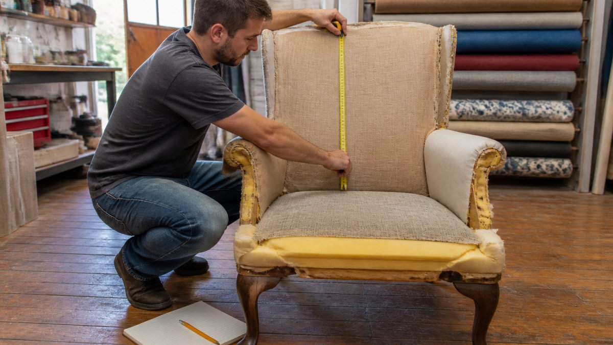 A person holding a tape measure across the seat and back of an armchair with the old fabric partially removed, notebook and pencil on the floor beside them in a bright workshop