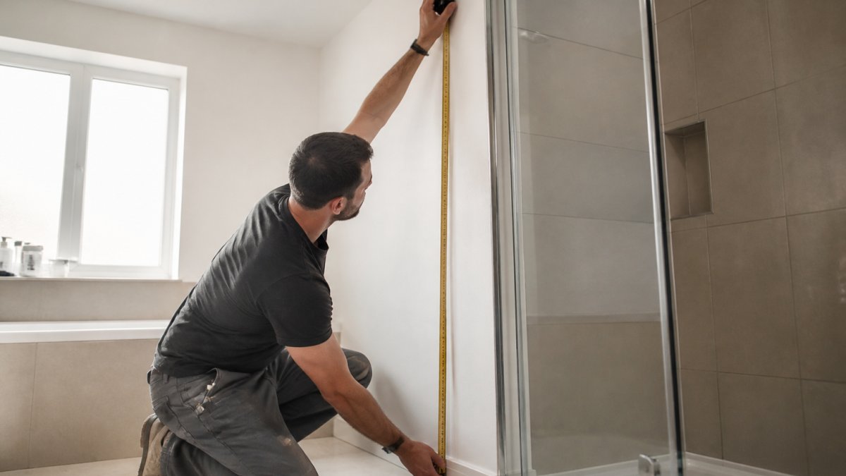Hands using a tape measure to check the floor-to-ceiling height of a bathroom wall corner
