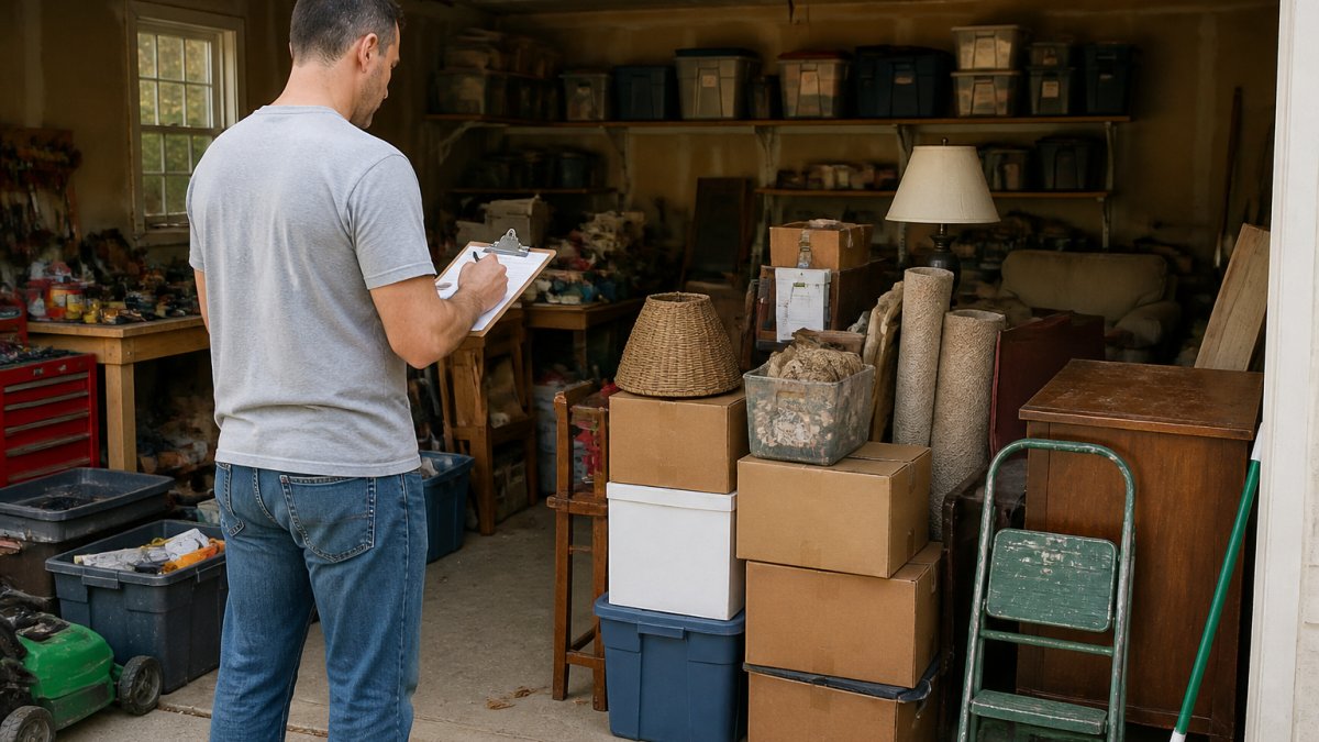 Homeowner standing in cluttered garage taking inventory of items to dispose of, with stacked boxes, old furniture, tools, and household items visible in natural daylight