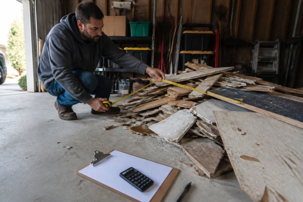 Person using a tape measure to estimate waste weight by measuring debris in a garage with a calculator nearby