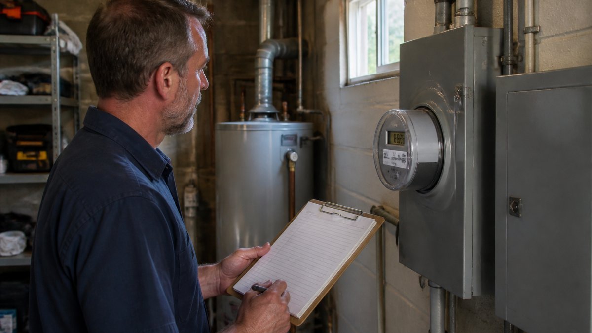 A homeowner in a utility room reading a digital electricity meter while holding a clipboard with notes, a gas water heater visible in the background, natural light from a small window