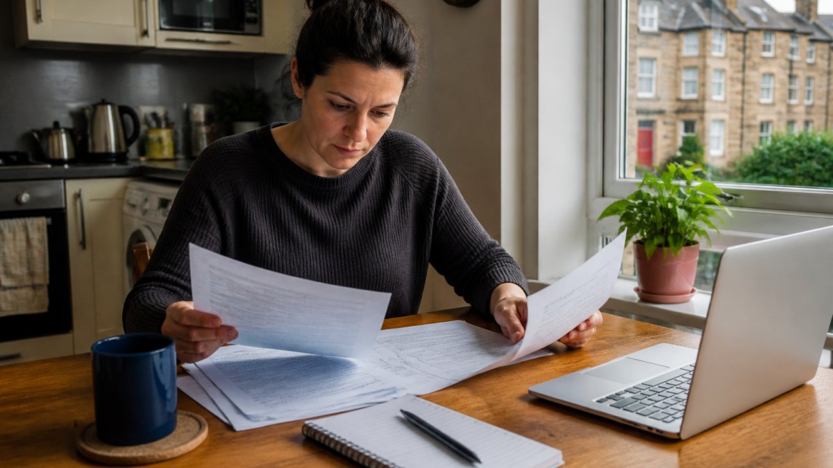 A person sitting at a kitchen table in a Glasgow home, reviewing paperwork and a laptop with a notepad and pen, looking focused while working through claim details