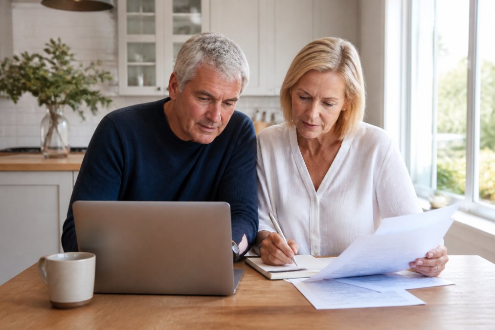 Couple reviewing financial documents on a laptop to calculate retirement income needs at a kitchen table