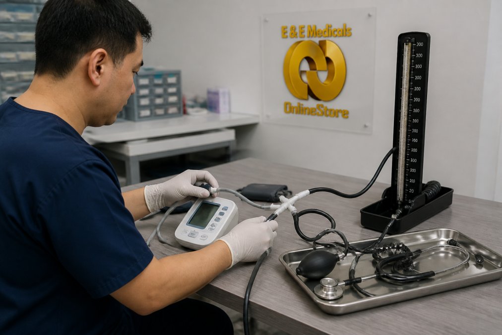 Biomedical technician using a reference manometer to calibrate blood pressure monitor in a clinical setting