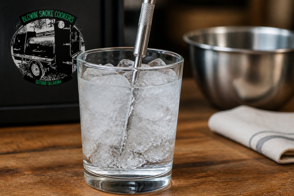 Diagram showing proper immersion depth for a meat thermometer probe in a glass of crushed ice and water.