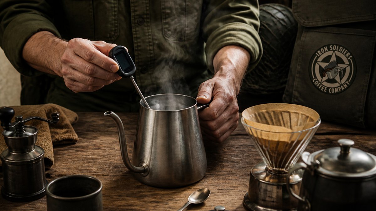Close-up of a barista's hands holding a digital thermometer probe in a stainless steel kettle of hot water, steam rising, vintage coffee gear on a wooden counter
