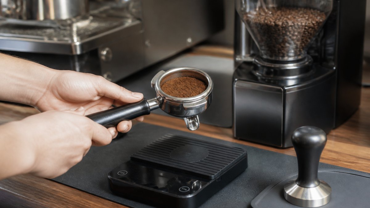 Close-up of hands holding a portafilter with freshly ground espresso positioned over a digital scale showing the dose weight, with a grinder hopper and tamper visible in the background