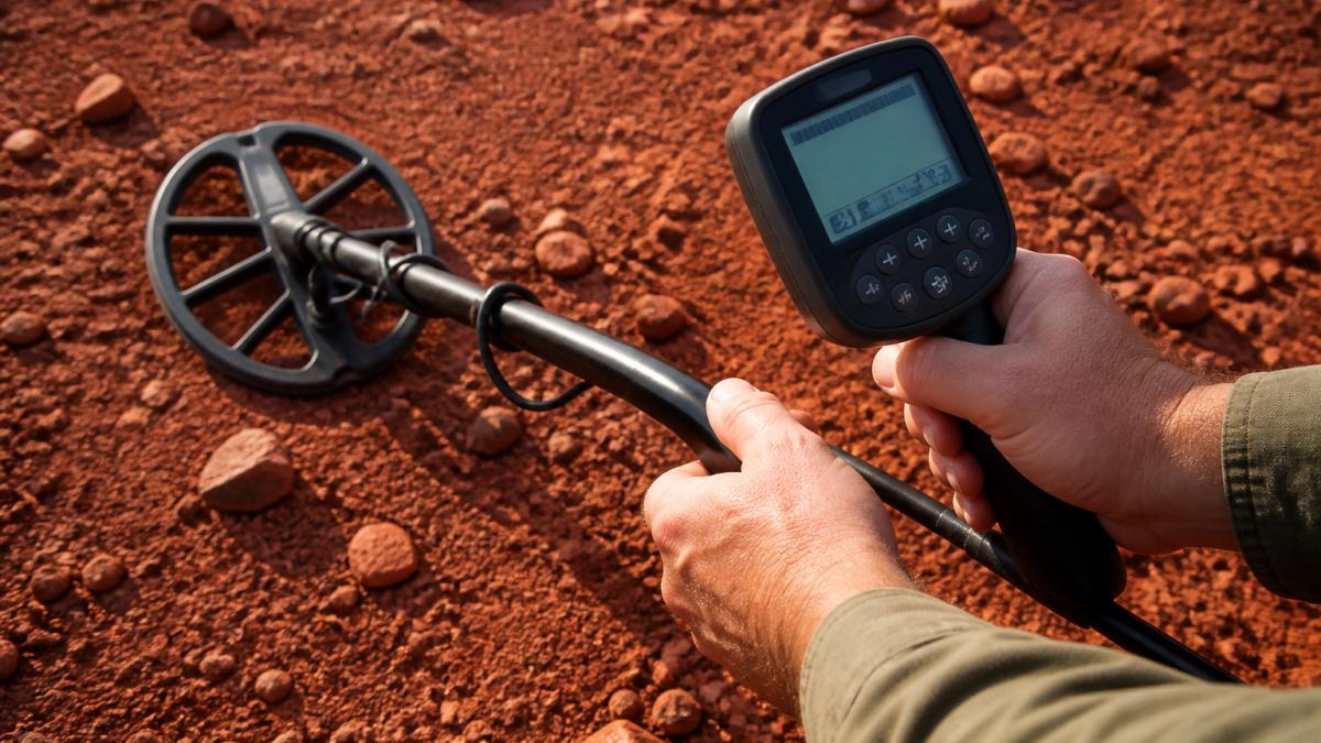 Diagram illustrating the process of adjusting ground balance settings on a metal detector coil over mineralized soil.