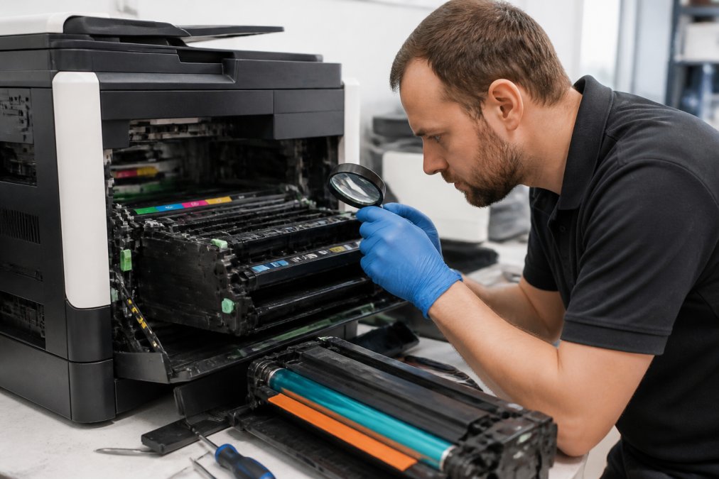 Professional technician checking printer nozzles and ink cartridge levels on a commercial laser printer in a well-lit workshop, examining the printhead closely with a magnifying glass