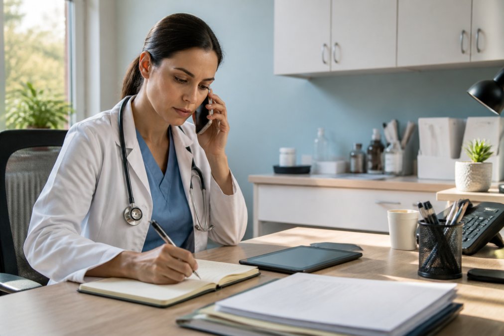 A professional demonstrating how to call AI characters in a bright, modern clinical setting with natural light.
