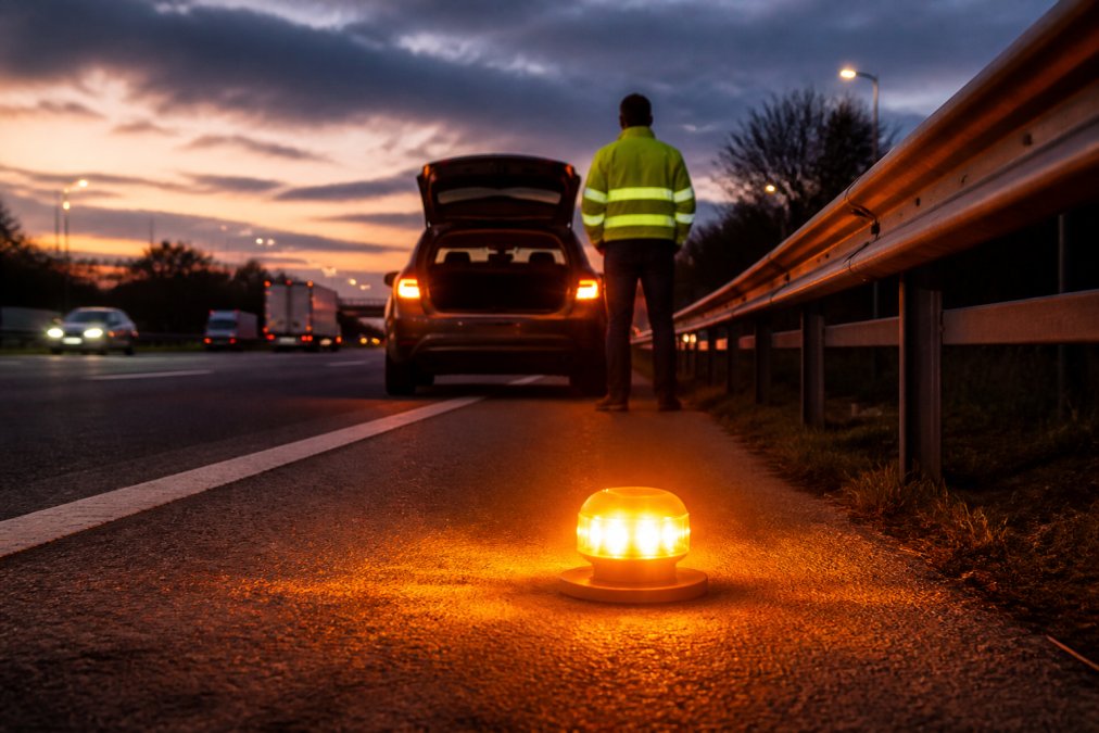 How to Call for Help When Broken Down on M6: 2026 Guide A driver standing safely behind the safety barrier on a motorway hard shoulder at dusk, wearing a high-visibility reflective jacket, with a bright LED warning beacon placed on the road surface near the vehicle's rear