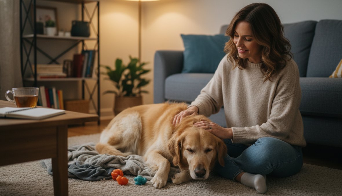 A pet owner sitting cross-legged on a hardwood floor beside a large relaxed dog in a softly lit living room, gently stroking the dog's back with a calm expression, warm lamp light casting a gentle glow