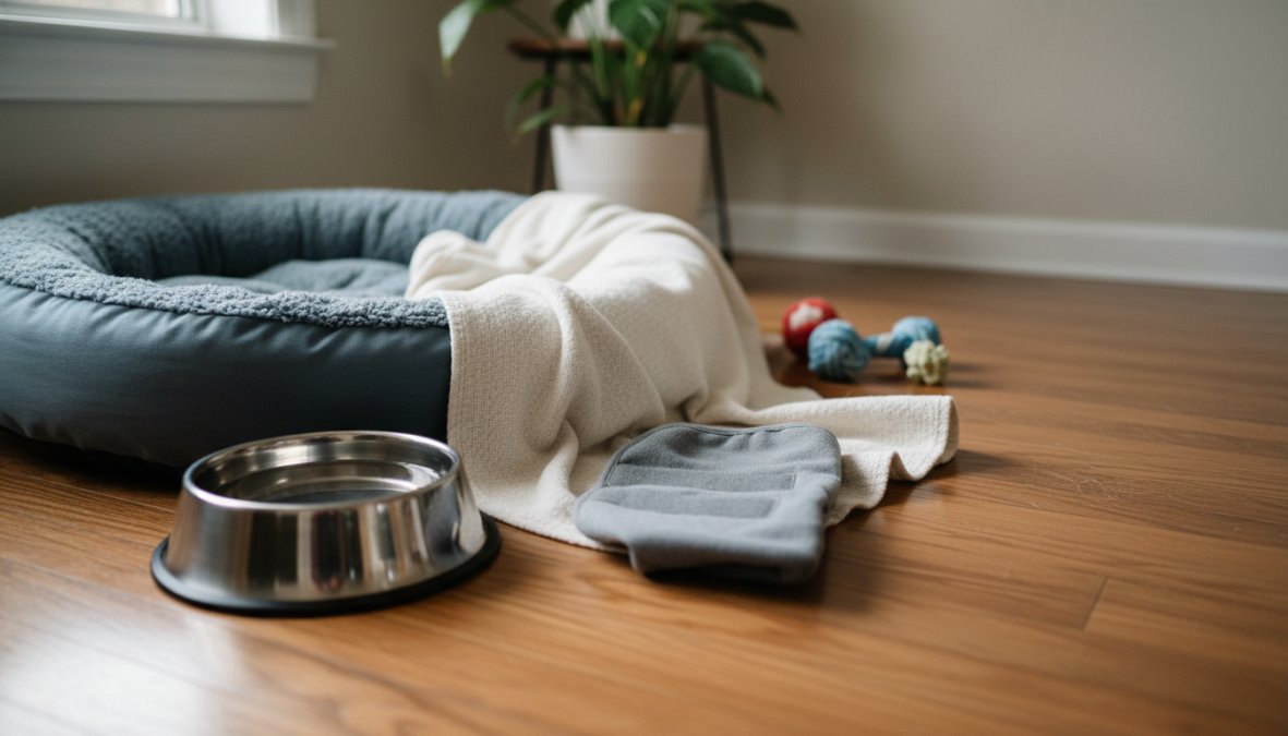 A cozy recovery corner in a quiet home room featuring a thick soft dog bed on a hardwood floor, a ceramic water bowl, a folded calming wrap, and warm natural light coming through a nearby window