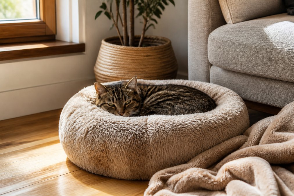 A calm tabby cat curled inside a plush donut-style calming bed with a raised rim, placed in a quiet corner of a sunlit living room with a soft blanket nearby