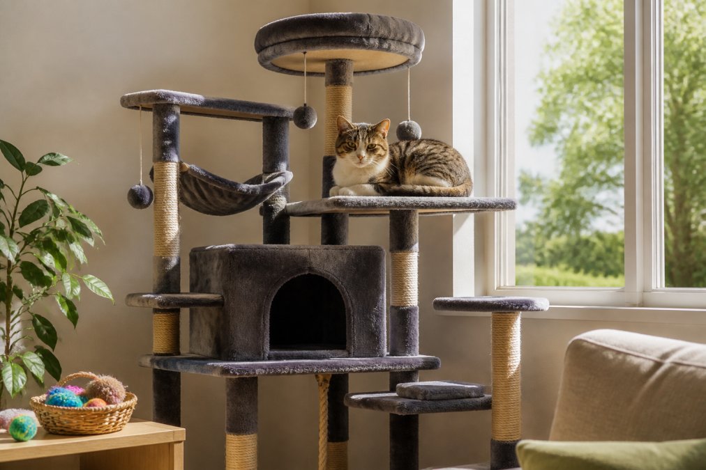 A calm cat relaxing on a multi-level cat tree with hiding spots, perches, and toys, positioned near a window with natural light