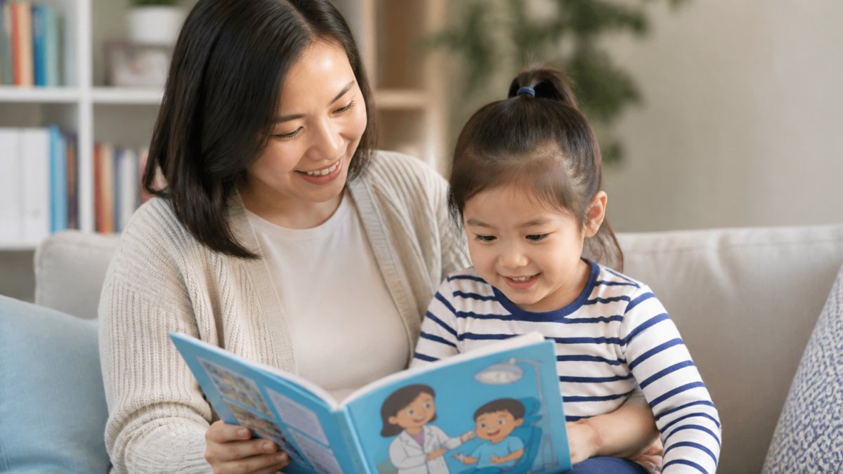Parent and young child reading a children's book about visiting the dentist together in a cozy home setting, both smiling and engaged Parent and young child reading a children's book about visiting the dentist together in a cozy home setting, both smiling and engaged