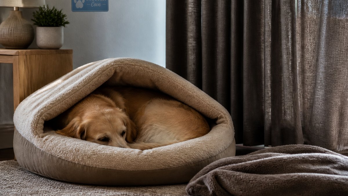 A dog curled up inside a cozy hooded pet bed in a quiet, dimly lit room