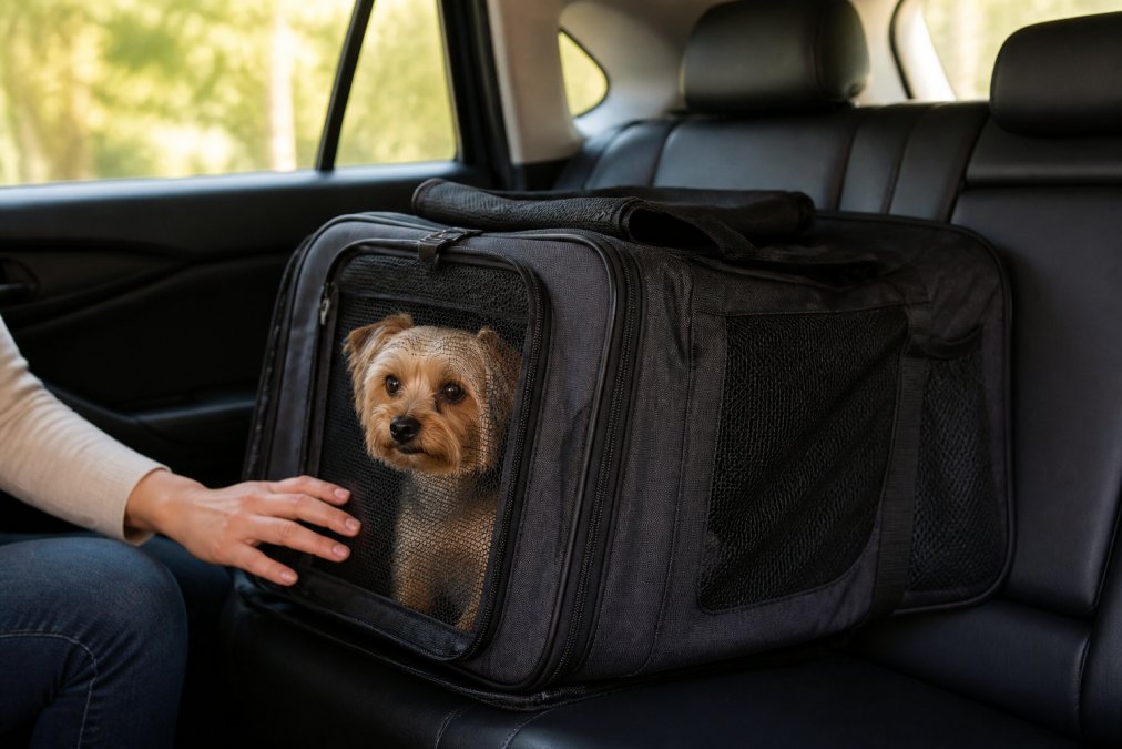 A small dog sitting calmly inside an expandable soft carrier on the back seat of a car, a person's hand resting gently near the carrier door, warm daylight through the window