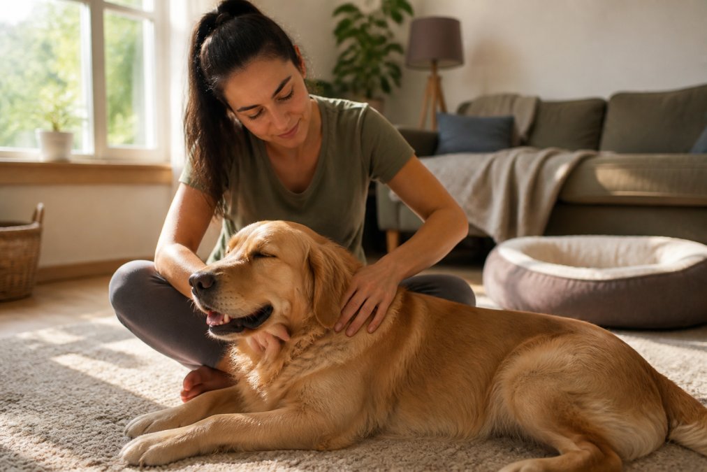 A pet owner sitting cross-legged on a living room floor gently massaging a calm golden retriever along the neck and back, soft afternoon light coming through a nearby window, relaxed home setting with a dog bed visible in the background