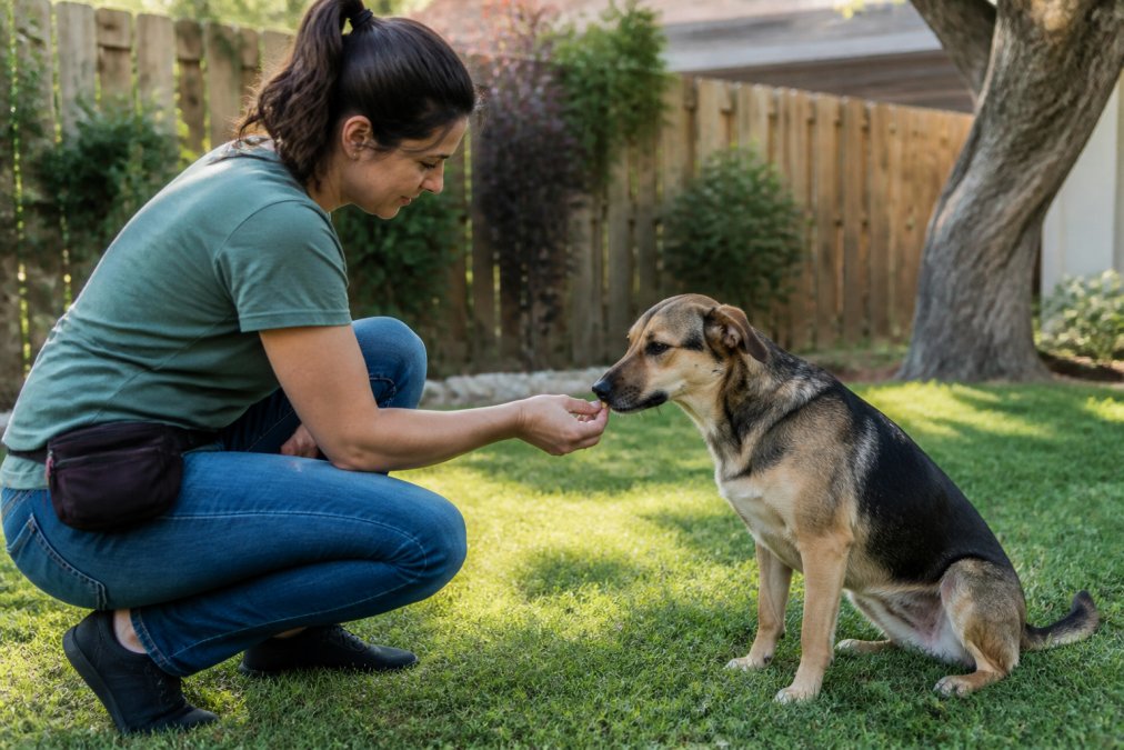 A professional dog trainer kneeling beside a nervous-looking medium-sized mixed breed dog in a sunny backyard, offering a small treat at nose level during a calm training moment, the dog's body language showing cautious curiosity rather than fear