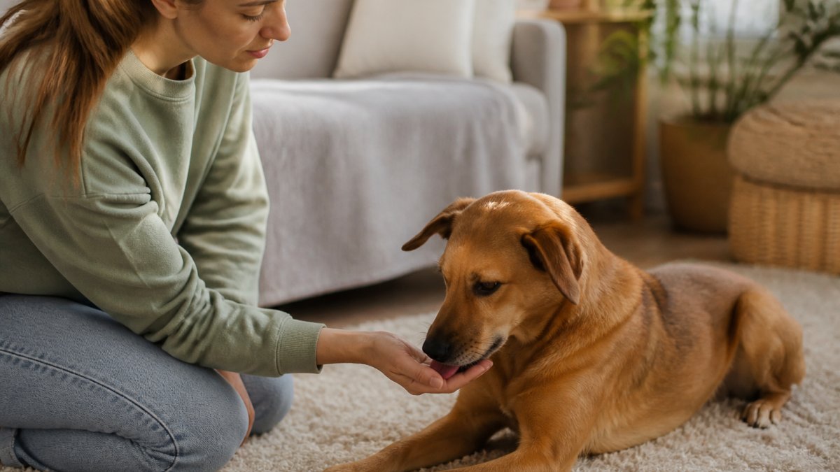 Person kneeling on a rug offering a treat from a flat palm to a calm dog eating gently