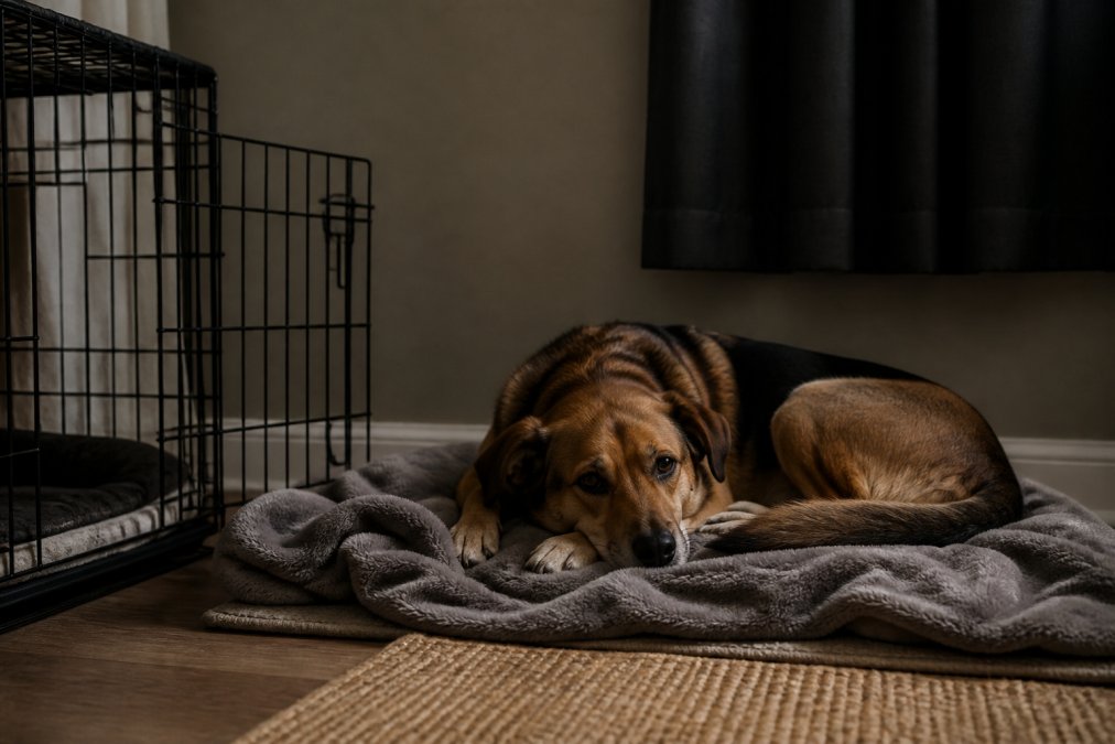 A rescue dog resting calmly on a soft blanket inside a quiet, dimly lit room with a closed crate door nearby, showing a peaceful decompression space