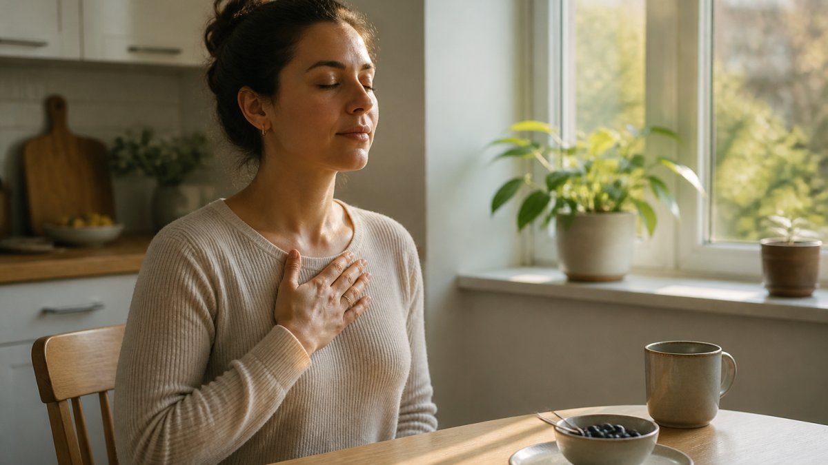 A person sitting calmly at a kitchen table with one hand resting on their chest, eyes closed, morning light through the window