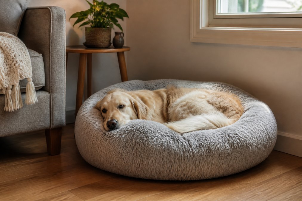 Cozy pet bed set up in a quiet corner of a living room with soft natural lighting, featuring a plush calming bed where a relaxed dog rests peacefully