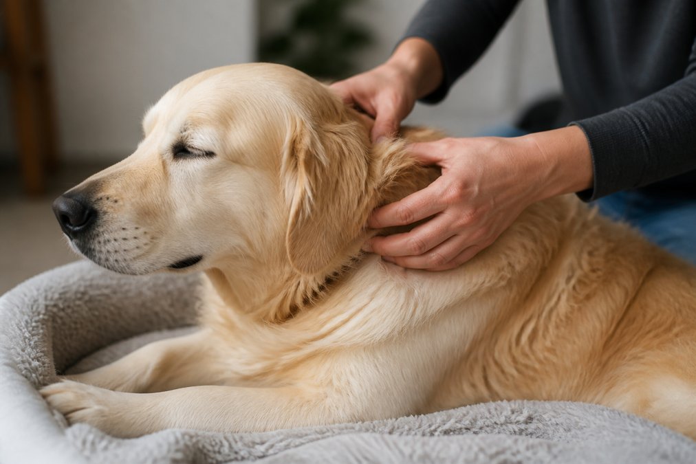 Close-up of hands gently massaging a dog's shoulders and neck area with careful, deliberate pressure demonstrating proper soothing touch technique