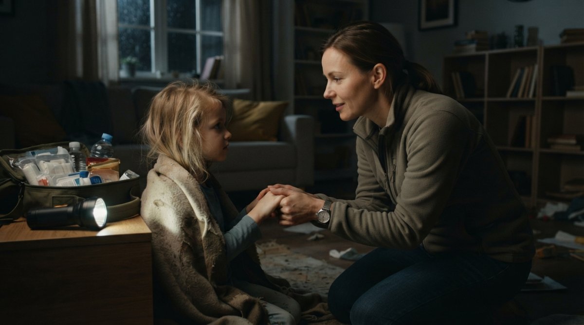 A parent kneeling at eye level with a young child in a dimly lit living room, holding the child's hands and speaking calmly, with a flashlight and emergency kit visible nearby