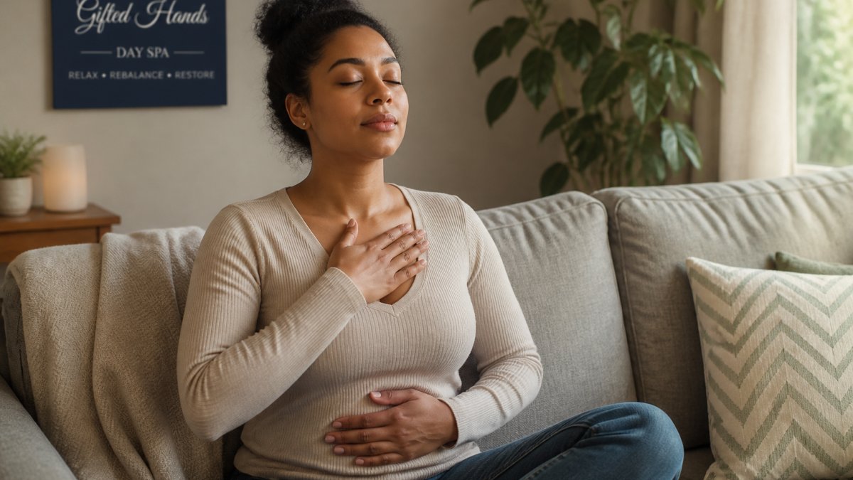 Woman sitting on a sofa practicing deep breathing to calm nervous system and reduce stress in a cozy living room.