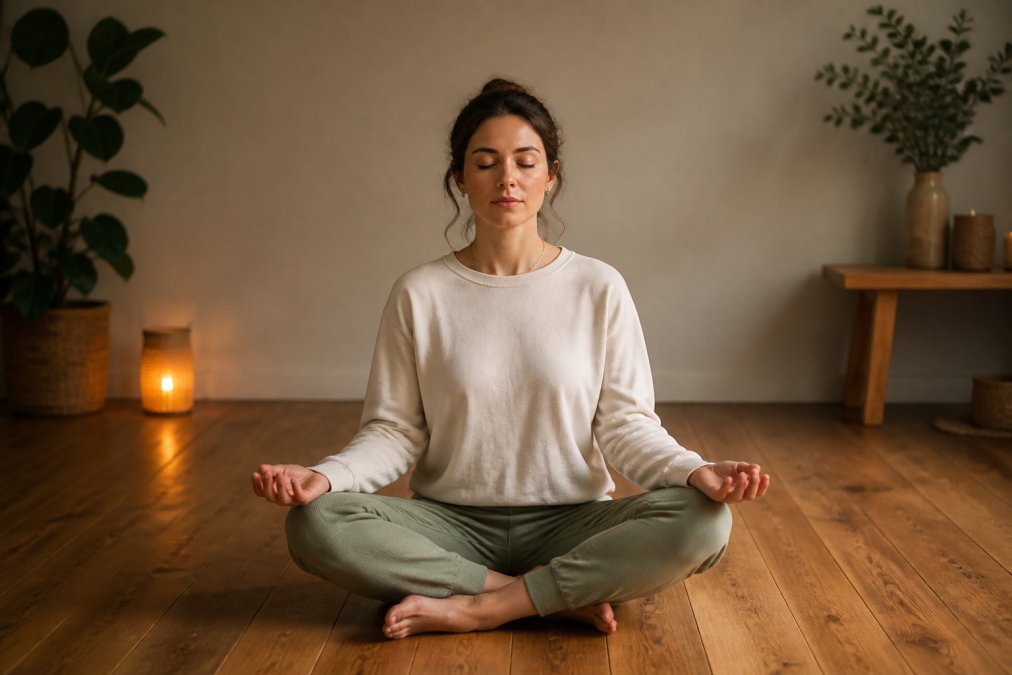 A person sitting cross-legged on a wooden floor, eyes closed, hands resting on knees, practicing deep breathing in a calm, softly lit room with minimal furniture and warm ambient lighting
