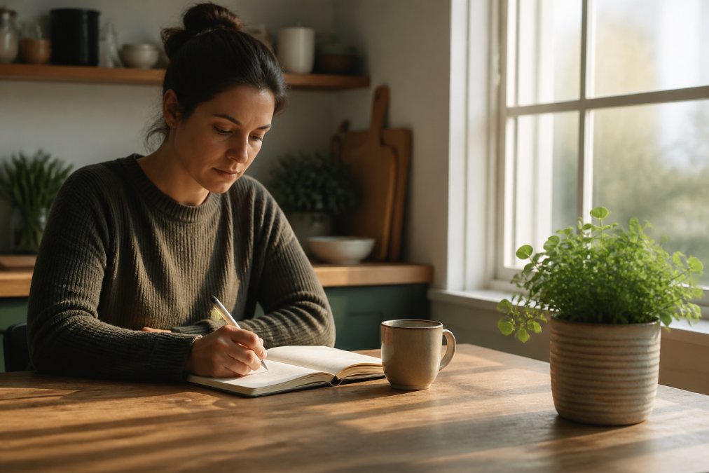A person writing in a journal at a quiet kitchen table in early morning light, a cup of coffee nearby, the scene conveying intentional calm and structured morning routine with soft natural light through a window